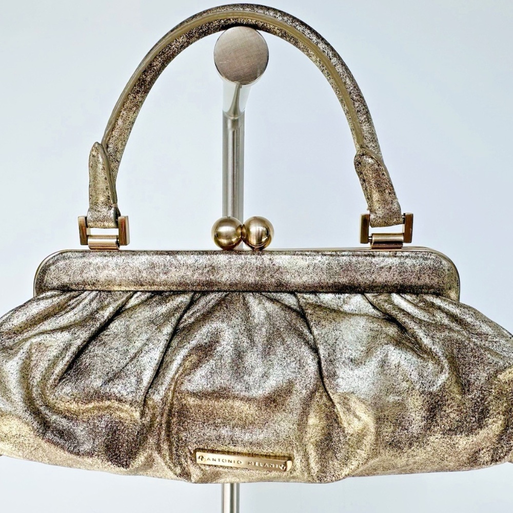 Antonio Melani Gold Leather Clutch Purse Evening Bag. Laser Cut Metallic Look